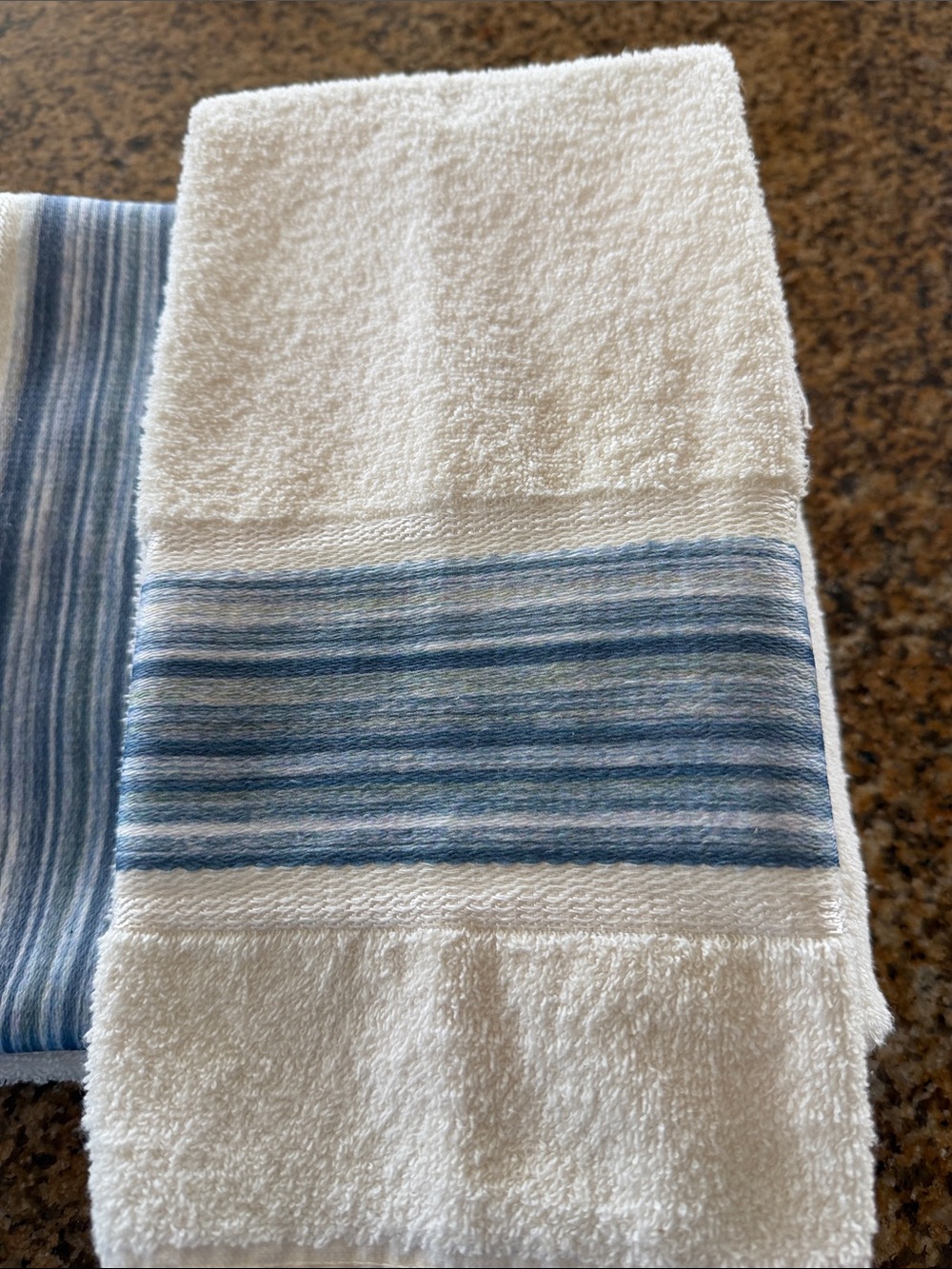 Cream Bath Towel Set with Blue Stripe Detail - Picture 2 of 2